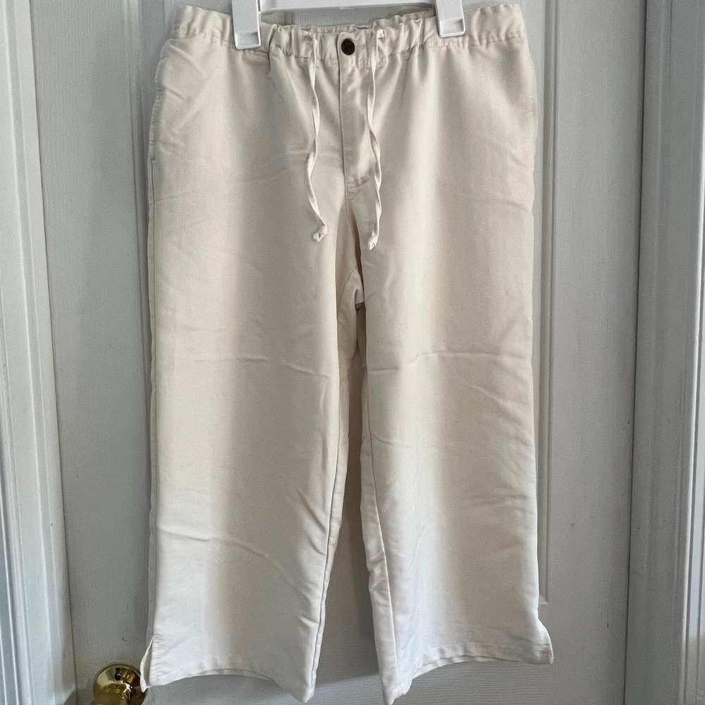 Womens Size M Cream Cropped‎ Wide Leg Drawstring Pants Lightweight EUC